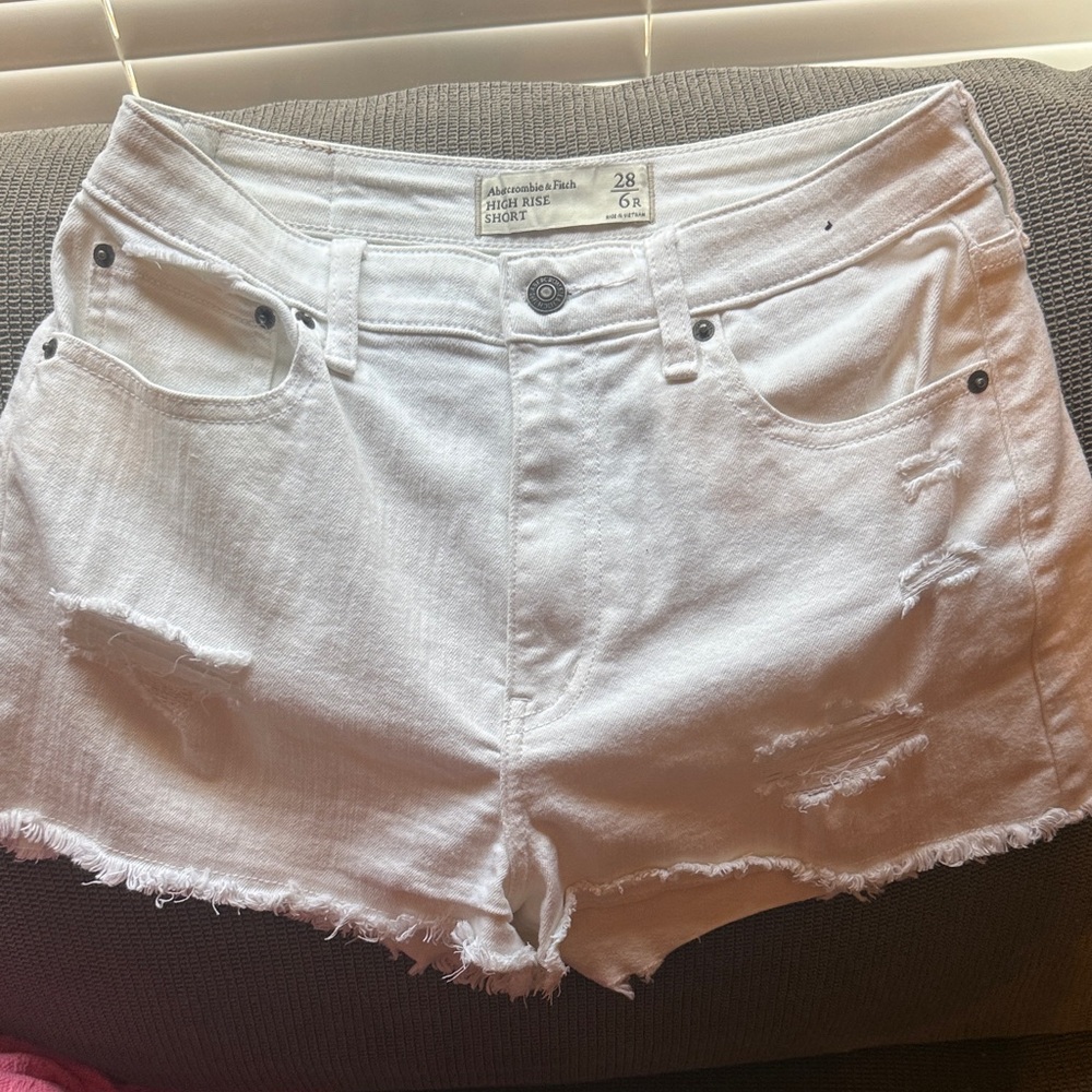 Abercrombie & Fitch White High-Rise Frayed Denim Shorts